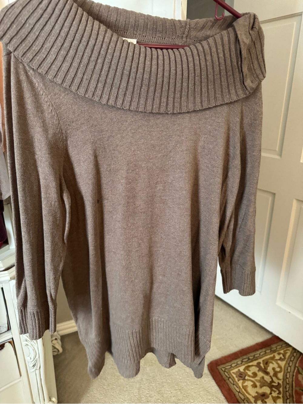 Chico's Taupe Off-the-Shoulder Ribbed Collar Sweater